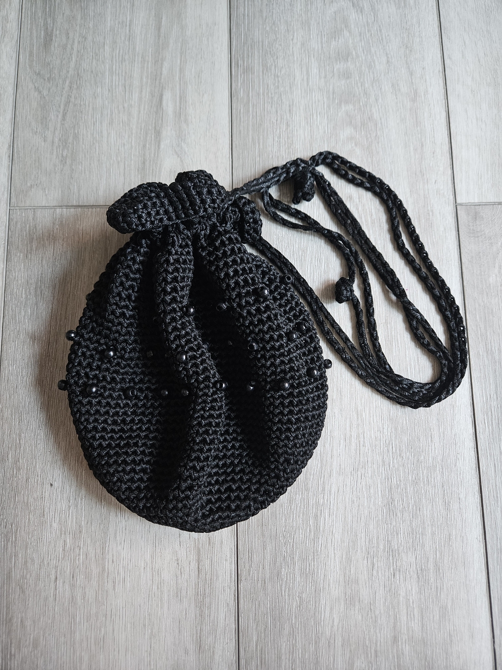Saks Fifth Avenue Black Crochet Beaded Drawstring Mini Bag